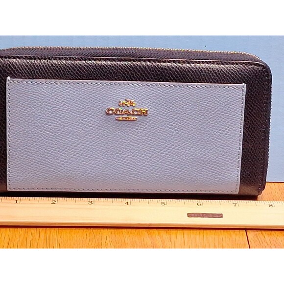 COACH Color Block Zip-Around Wallet Outside and Inside Pocket Sky Blue and Navy - Picture 3 of 10